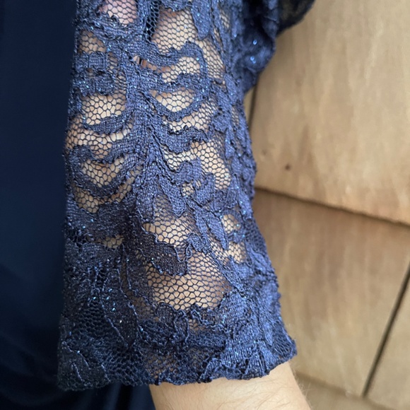 B&A By Betsy & Adam Lace-Sleeve Square-Neck Gown Women's 14 Navy Zip Closure~ - Picture 6 of 15